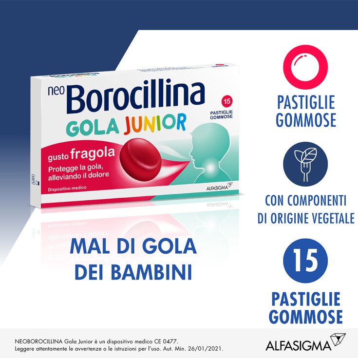 NeoBorocillina Gola Junior Alfasigma 15 Strawberry Gummy Tablets