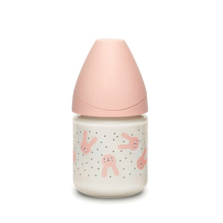 HYGGE Glass feeding bottle Round slow flow teat 120ml (pink polka dot rabbit) Suavinex