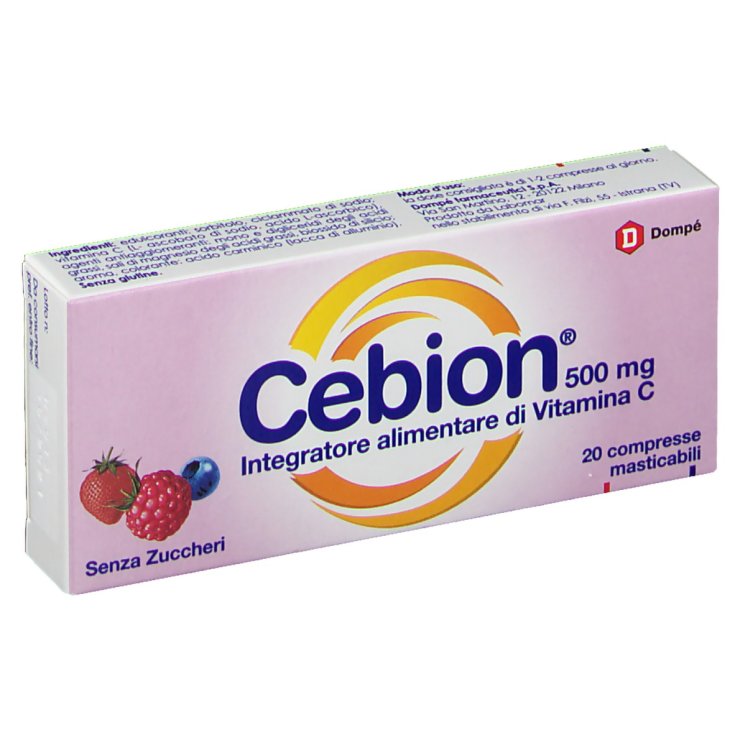 Dompé Cebion 500mg Vitamin C Sugar Free Food Supplement Gluten Free 20 Chewable Tablets Taste Wild Berries