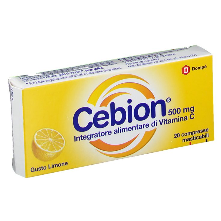 Dompé Cebion 500mg Vitamin C Food Supplement Gluten Free 20 Chewable Tablets Lemon Flavor