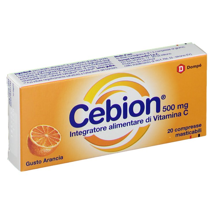 Dompé Cebion 500mg Vitamin C Food Supplement Gluten Free 20 Chewable Tablets Orange Flavor