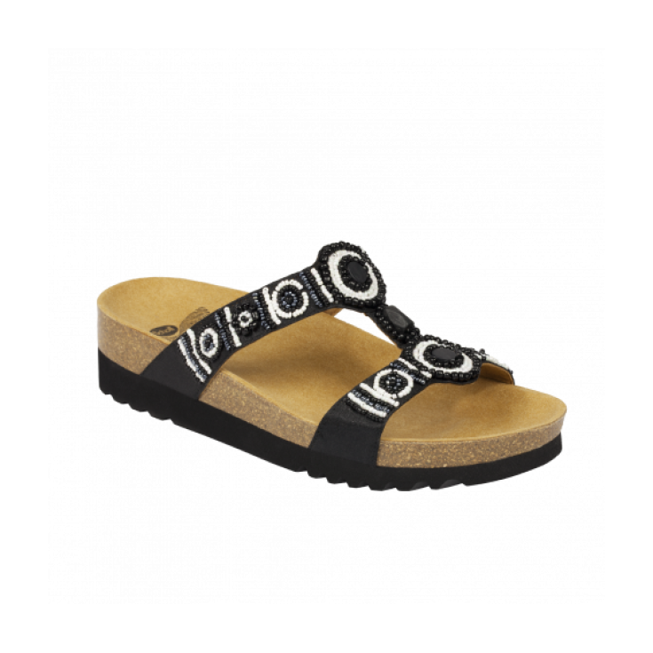 Scholl® New Bogotà Wedge Women's Sandal Fabric + Beads Bioprint® Footbed Color Black & White Size 39