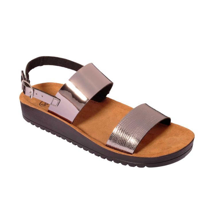 Scholl® Cynthia Woman's Sandal Mirror Effect Memory Cushion® Footbed Color Silver Size 39